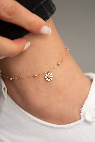 Elika Silver Kadın Rose Kaplama Top Zincir Detaylı Mineli Papatya Model 925 Ayar Gümüş Halhal