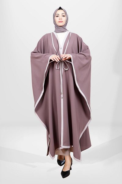 Beyza Καφέ Μοντέλο Νυχτερίδας με κορδόνια Hijab Poncho - 3779