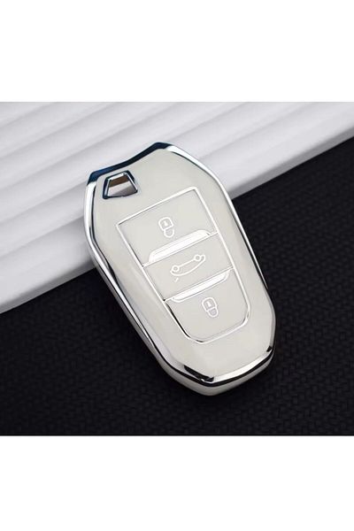 ŞENYILDIZ AKSESUAR Peugeot 208 308 508 Rifter Key Protection Case - Keyless Steal, White/Chrome