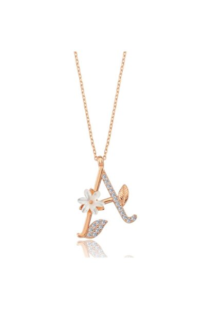 Mia Vento Işıltılı Manolya Çiçeği A Harfi Rose Renk Gümüş Harfli Kolye