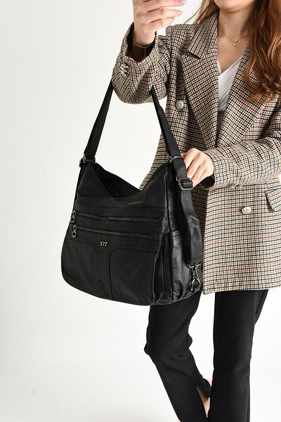 571 Collections Çanta Black Leather Washed Shoulder Bag - Both Back and (Model: 571-9-10D)