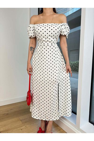 Kir Polka Dot Balloon Sleeve Dress - Waist Tie