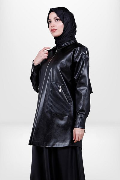 Beyza Μαύρο δερμάτινο μπουφάν Hijab - με τσέπες, μοντέλο 4058