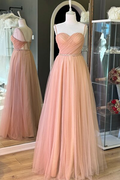 Lenta Moda Ten Rengi Drapeli Ve Inci Detaylı Tül Abiye & Nikah Elbisesi