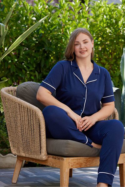 PİJAMOOD Indigo Cotton Short Sleeve Large Size Pajama Set - Front Buttoned and Piping