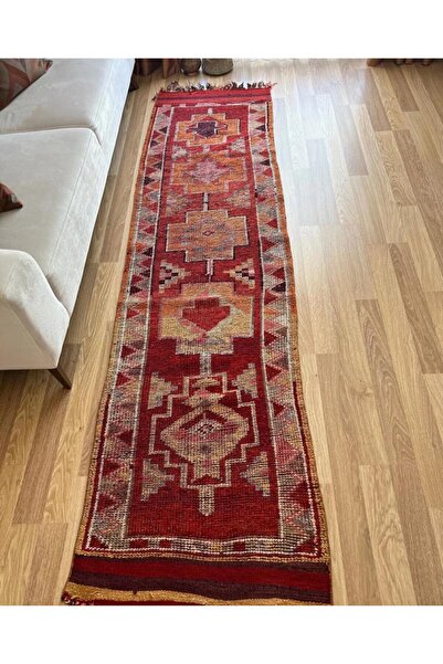 78x298 cm El Dokuma Kırmızı Renk Püsküllü Nadir Desenli Dekoratif Yolluk
