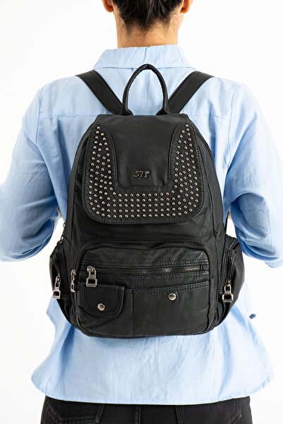 571 Collections Çanta حقيبة ظهر جلدية سوداء - مغسولة (موديل: 571-9-11D)