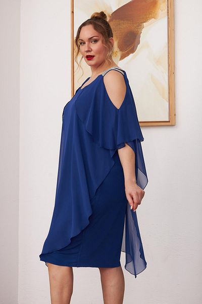 RMG Plus Size Chiffon Sax Dress - Shoulder Stone Detail