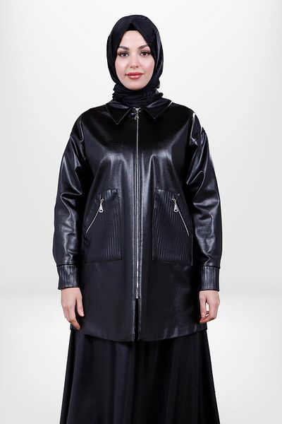 Beyza Μαύρο δερμάτινο μπουφάν Hijab - με τσέπες, μοντέλο 4058