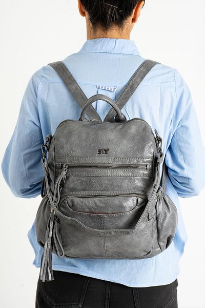 571 Collections Çanta Gray Faux Leather Backpack - Model 571-9-12B