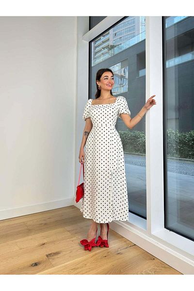Kir Polka Dot Balloon Sleeve Dress - Waist Tie