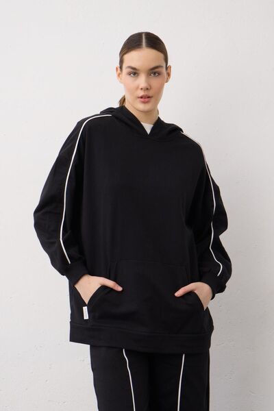 Basicpark Black Label Detailed Hooded Kangaroo Pocket Cotton Knitted Bottom and Top Set