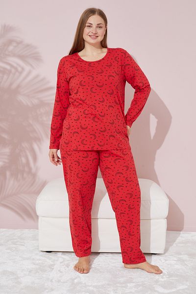 Siyah İnci Bavlněný pyžamový set s červeným měsícem se vzorem Plus Size - Oversize