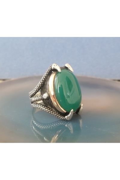 hanedansilver Yeşil Akik Taşlı Pençe Model 925 Ayar Gümüş Erkek Yüzük