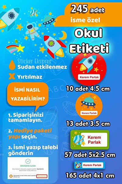 Sticker Ekspres Okul Etiketi Uzay Temalı 2 Kalem Defter Etiketi Özel İsim Yaz...