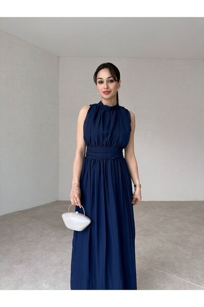 popibutik Sıfır Kol Gögüs drapeli Uzun Lacivert Şifon Elbise