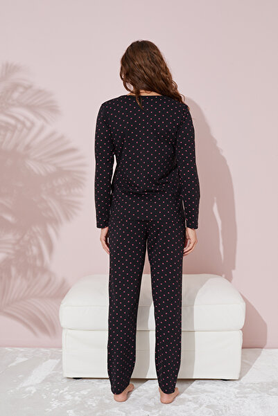 Siyah İnci Cotton Black and Pink Polka Dot Pajamas Set