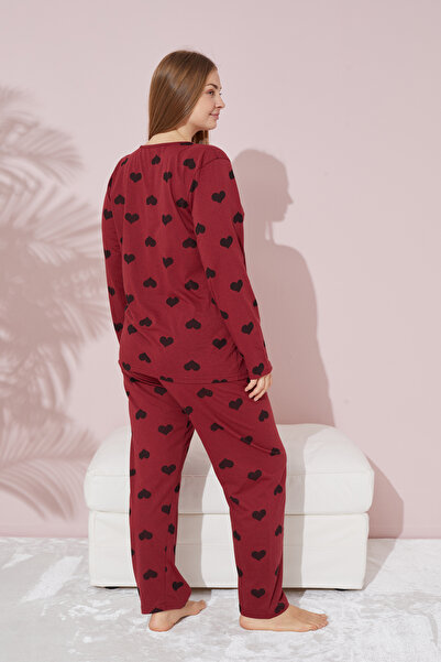 Siyah İnci Large Size Oversize Knitted Cotton Pajama Set - Burgundy Black Heart Patterned Curve