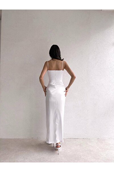 popibutik YIRTMAÇ DETAYLI ASKILI SATEN ELBİSE