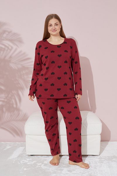 Siyah İnci Large Size Oversize Knitted Cotton Pajama Set - Burgundy Black Heart Patterned Curve