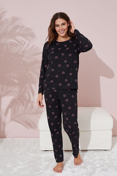 Siyah İnci Set de pijamale din bumbac cu model floral negru și roz
