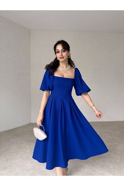 Afiş Butik Balloon Sleeve Négyszögletes gallérral redőzött Midi ruha