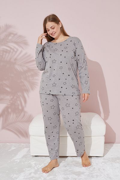 Siyah İnci Large Size Gray Star Pattern Curve Knitted Cotton Pajama Set - Oversize