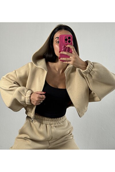 minaaise Hanorac cu glugă, cu tăietură largă, cu glugă, bej nisip, înălțat 26254