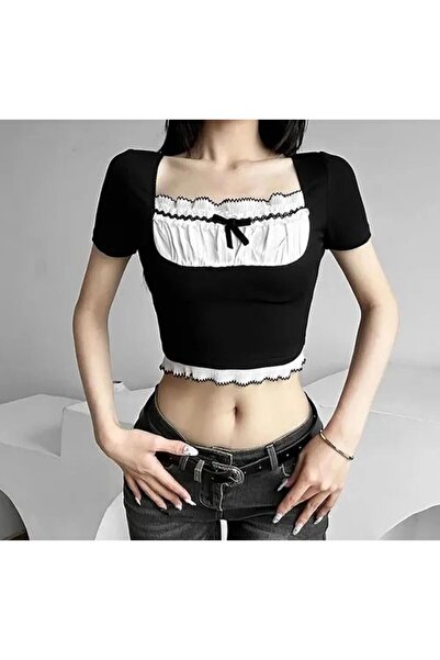 GOSSİP TEAM Y2K Tech - Μπλούζα με ανοιχτό λαιμό Gathered Retro Crop