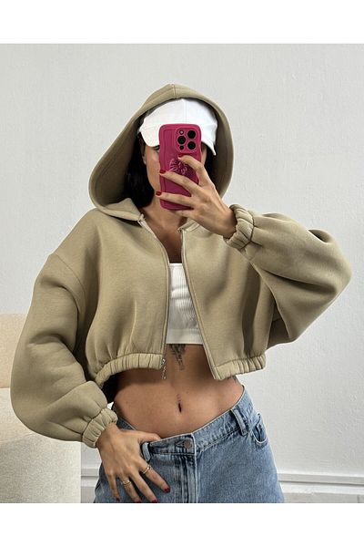 minaaise Wide Cut Hooded Crop Sweatshirt - Mildew Green, Zippered 26254