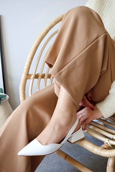 POLKA STORE Pantofi de damă cu toc bloc scurt, din piele mată, albă, cu vârf ascuțit