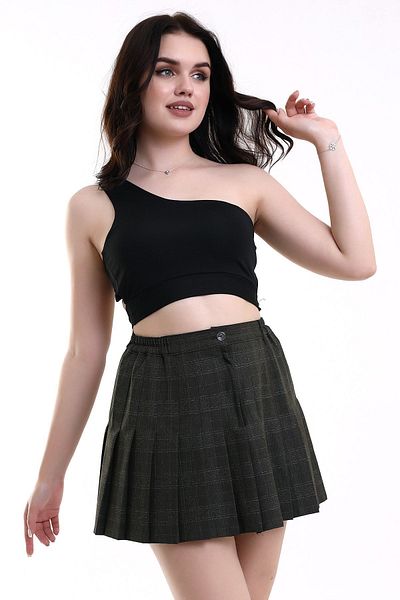 For Pretty Women's Smoked Side Elastic Pleated Plaid Skirt