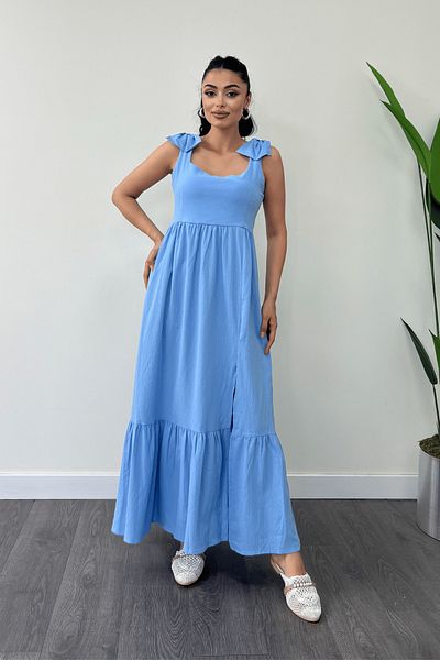 giyimmasalı Rochie de in cu fundita pe umeri - Baby Blue