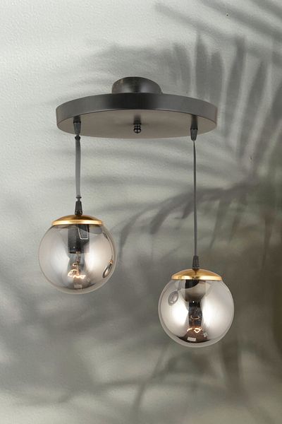 Kraliçe Pendant Lamp Tray Black 2-Piece Smoked Globe Glass Flat Downward Facing Luxury Chandelier