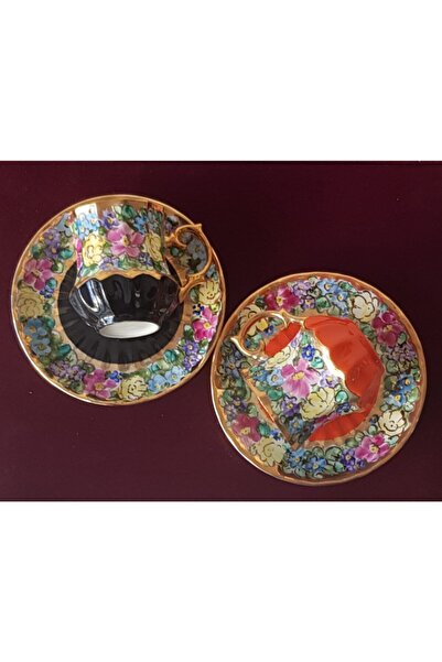 BY.RAYKA PORSELEN El Dekor Black Orange Porcelain Hand Painted Double Cup Set