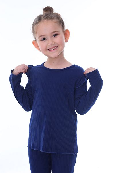 ZUZUNGA Navy Blue Girl's Set - Long Sleeve, Shoulder Ruffle, Spanish Leg (Bottom-Top)