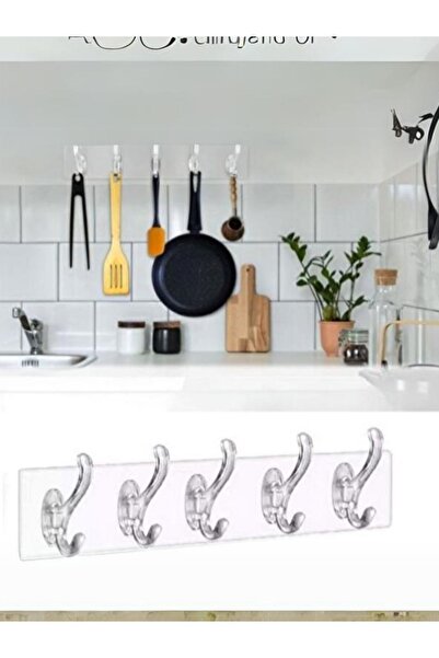 Mercan 5-Piece Self Adhesive Strong Transparent Hanger - Door Back Kitchen Wall Bathroom Hanger 3-Piece