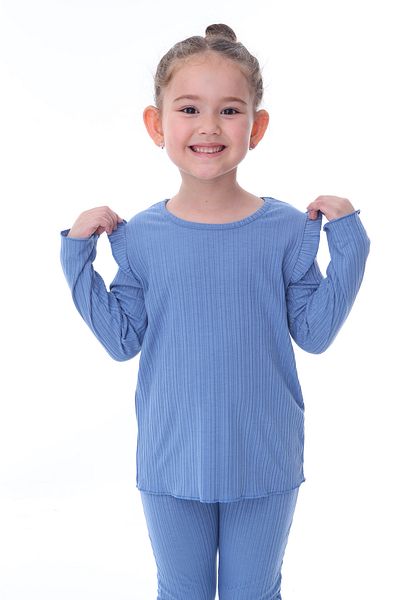 ZUZUNGA Blue Spanish Leg Girl's Set - Long Sleeve and Shoulder Ruffle (Bottom-Top)