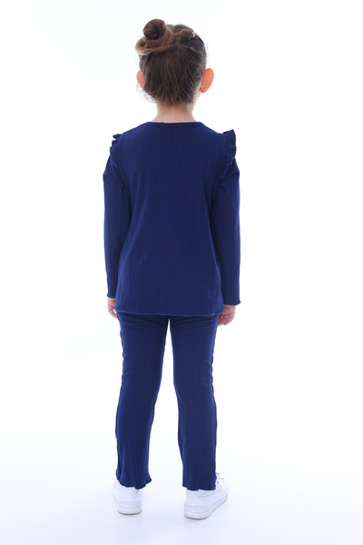 ZUZUNGA Navy Blue Girl's Set - Long Sleeve, Shoulder Ruffle, Spanish Leg (Bottom-Top)