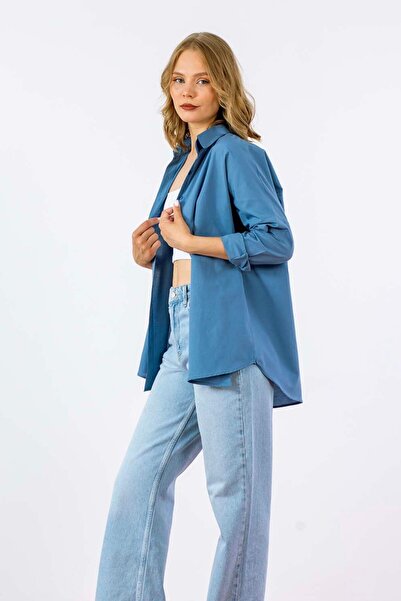 BROWN SARTO Kadın Oversize Nakışlı Uzun Basic Gömlek