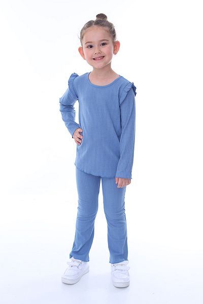 ZUZUNGA Blue Spanish Leg Girl's Set - Long Sleeve and Shoulder Ruffle (Bottom-Top)