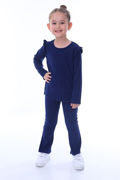 ZUZUNGA Navy Blue Girl's Set - Long Sleeve, Shoulder Ruffle, Spanish Leg (Bottom-Top)