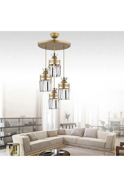 SONSUZ AYDINLATMA&AVİZE Tokyo 4-Piece Antique Pendant Lamp Crystal Stone Chrome Striped Cylinder Downward Facing Luxury Chandelier