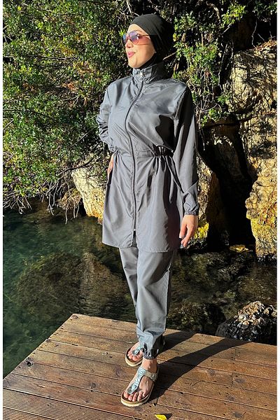 sefamerve 2-teiliger Hijab-Badeanzug mit Tasche und elastischem Bund 2038-03 Anthrazit