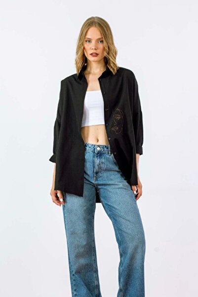 Kadın Oversize Nakışlı Uzun Basic Gömlek
