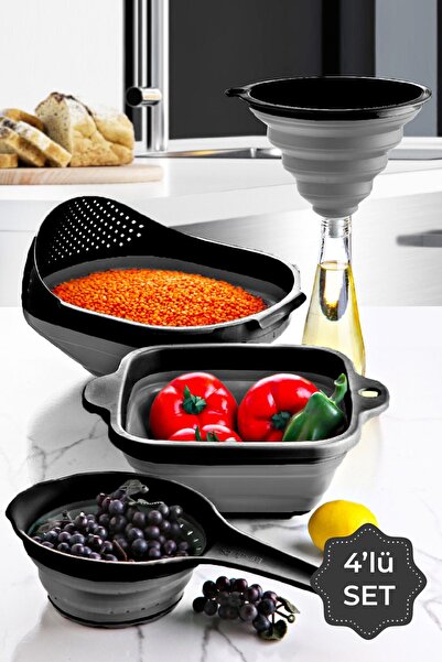 Vienev 4'lü Elegant Katlanır Süzgeç Seti 1x(HUNİ, SAPLI SÜZGEÇ, KARE SÜZGEÇ, ...