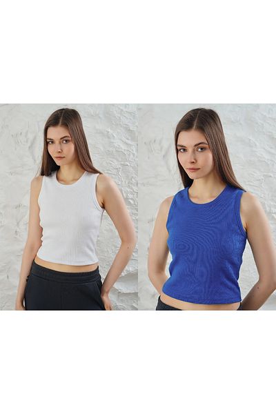 segrock Set de 2 bluze crop tricotate cu guler cu nervuri elastice - cu nervuri late
