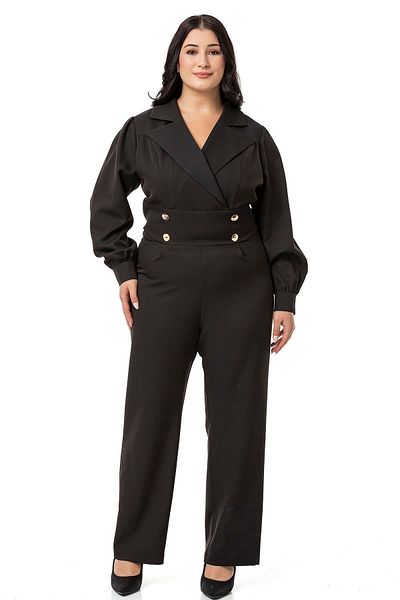 DISENTIS MODEST Plus Size Black Jumpsuit - Double Breasted Collar, Metal Buttons and Zipper