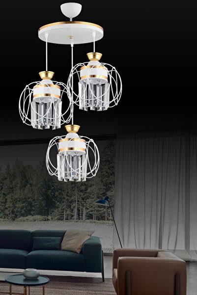 Genel Markalar Sarkıt Tepsi Beyaz 3'lü Güneş Sarı Kristal Taşlı Aşağı Bakan Lüks Avize