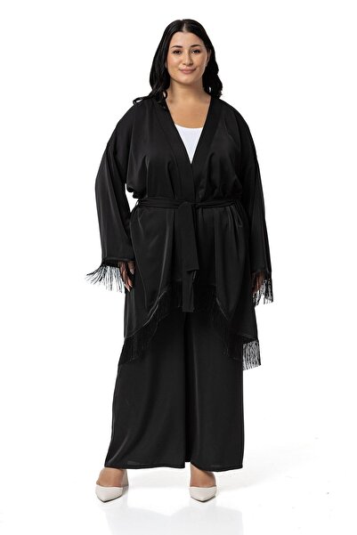 DISENTIS MODEST Plus Size Black Tassel Jacket and Pants Set